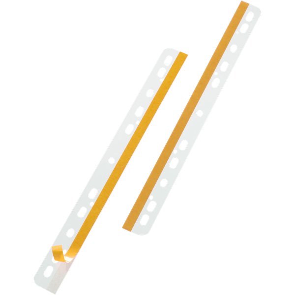 Striscia adesiva a foratura universale. Ideale per archiviare documenti, cataloghi, brochures in raccoglitori ad anelli e registratori a leva. Formato A4. Formato 29,5x2,5 cm.