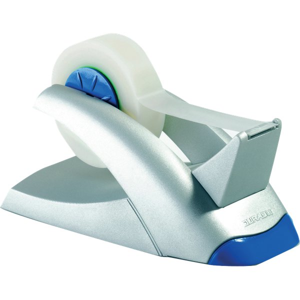 Dispenser da tavolo dal design esclusivo. Pesante abbastanza per poter staccare il nastro adesivo senza muovere la struttura, ha inoltre piedini antiscivolo. Fornito con un rotolo di nastro adesivo su cui è possibile scrivere. Dimensioni 14x7x7 cm. Colore argento e blu.