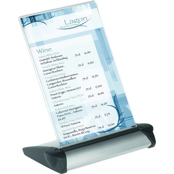 Espositore da tavolo innovativo con base in alluminio e pannello in acrilico cristallino. Dotato di 4 diversi angoli di posizione, 90°, 80°, 70° e 60° assicura in ogni momento e con ogni illuminazione una perfetta visione della documentazione esposta. Disponibile nei formati 1/3 A4, A5 e A4. Facile da montare e smontare.