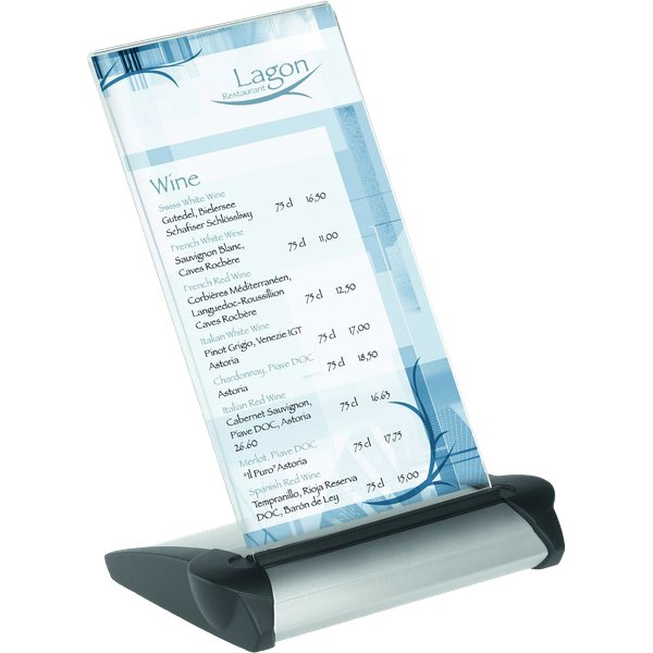 Espositore da tavolo innovativo con base in alluminio e pannello in acrilico cristallino. Dotato di 4 diversi angoli di posizione, 90°, 80°, 70° e 60° assicura in ogni momento e con ogni illuminazione una perfetta visione della documentazione esposta. Disponibile nei formati 1/3 A4, A5 e A4. Facile da montare e smontare.