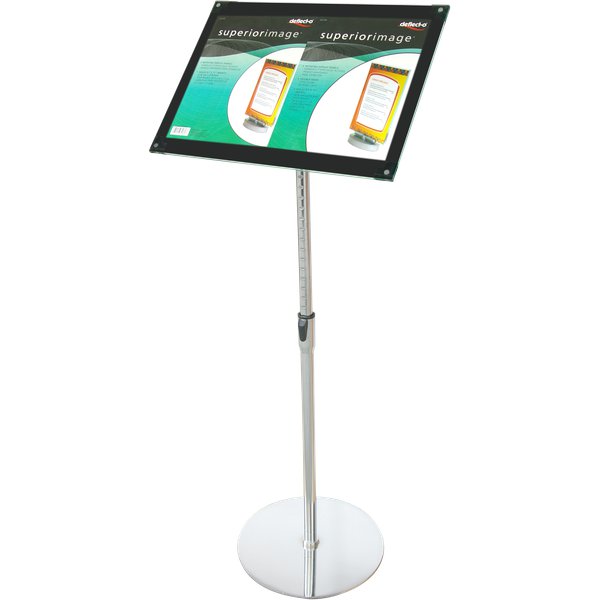 Espositori magnetici portastampati da terra con bordi sagomati. Asta in acciaio inox regolabile in altezza. Disponibile nei formati per fogli A3 e A4. 