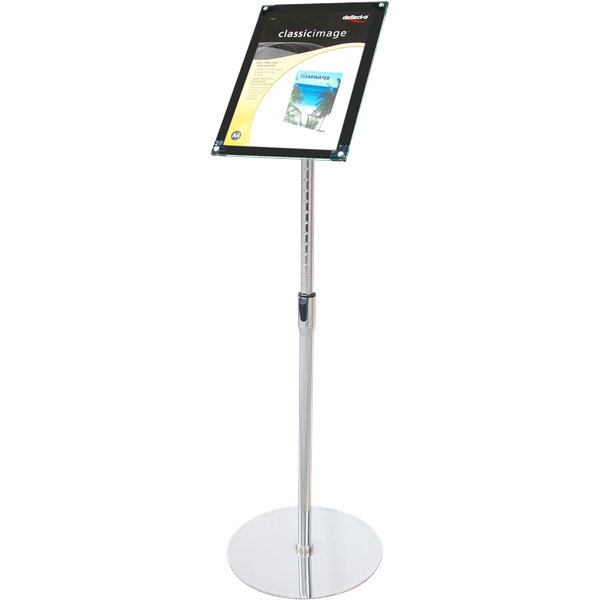 Espositori magnetici portastampati da terra con bordi sagomati. Asta in acciaio inox regolabile in altezza. Disponibile nei formati per fogli A3 e A4. 