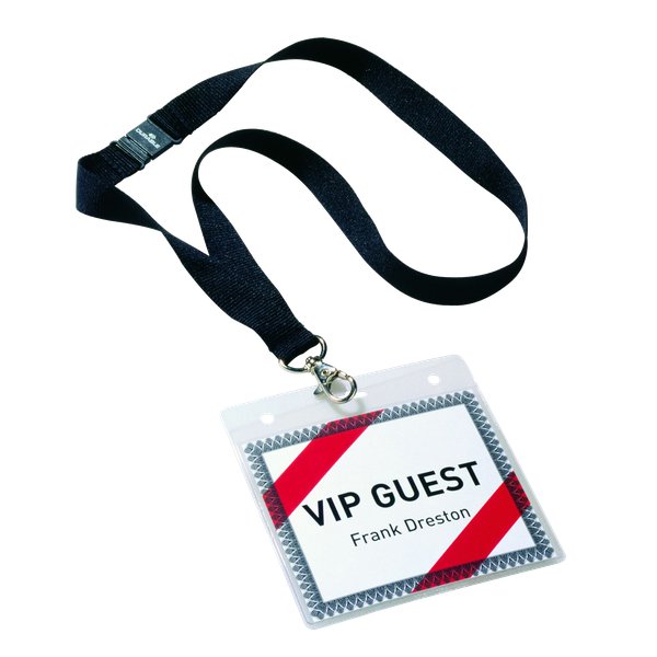 Portabadge in PVC con cordoncino nero da 20 mm, morsetto e chiusura di sicurezza. Dotato di busta di grande formato aperta che permette la facile e veloce rimozione dell'inserto (non incluso). Lunghezza del cordoncino 44 cm. Colore nero. Formato HxL 9x11 cm.