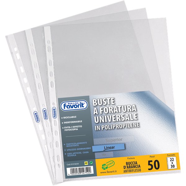 Busta trasparente realizzata in Naturene (polipropilene) con foratura universale e banda di rinforzo, finitura liscia e goffrata. Formato 22x30 cm, spessore Standard. Grazie ad una tecnologia d’avanguardia è leggera e resistente, ideale per l’archivio di tutti i giorni.