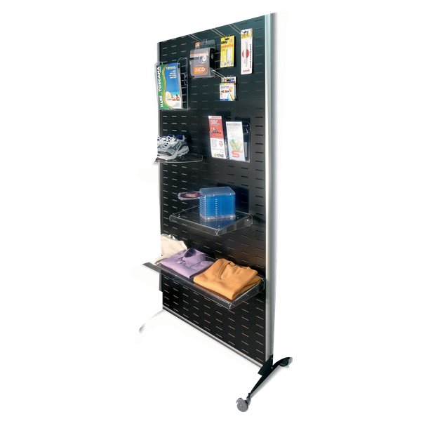 Parete attrezzata mobile in MDF (pannello di fibra a media densità) con asole per il fissaggio di accessori. Telaio con profili in alluminio anodizzato che rende la parete elegante ed adatta a qualunque ambientazione. Piedini carrellati dotati di ruote pivottanti (di cui 2 bloccabili). La parete consente l'applicazione degli accessori su entrambi i fronti. Formato utile del pannello 88x185 cm. Dimensioni totali LxPxH 92x44x196 cm<br/>- Pannello attrezzato in MDF (pannello di fibra a media densità), asolato per applicazione a parete. Il pannello si applica tramite tasselli e distanziali forniti in dotazione. Dimensioni LxH 119x38 cm.