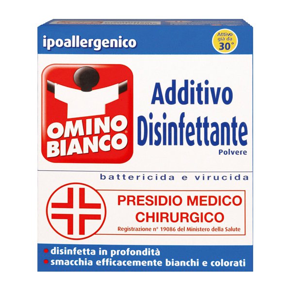 Omino Bianco Disinfettante in polvere è un additivo battericida disinfettante per il bucato, a mano e in lavatrice, con presidio medico chirurgico. Il prodotto disinfetta a partire da 30°, eliminando batteri e Candida; smacchia tutti i capi bianchi e colorati, sbianca, rispetta i tessuti (cotone, lino, misto cotone, sintetici) e i colori; è ipoallergenico; è indicato per il bucato di tutta la famiglia e specialmente per gli indumenti di bambini e anziani, lenzuola ed asciugamani, indumenti sportivi e biancheria intima.