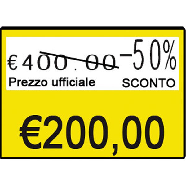 La prezzatrice Printex Z "TagioPrezzo+Sconto" consente di stampare sull'etichetta 26x19mm PreStampata  sia il  Prezzo Ufficiale che lo Sconto che il Prezzo Scontato. Sull'etichetta prezzata comparirà:  il vecchio prezzo barrato, la percentuale di sconto e sulla seconda linea  il prezzo finale scontato. <br/>2 linee di stampa: prima linea di stampa n° 10 caratteri Numerici, h 3mm e 4,5mm, seconda linea di stampa 7 caratteri numerici Maxi, h. 5mm con simbolo EURO.  La prezzatrice ha anche il vantaggio che può essere usata come un normale distributore di etichette prestampate semplicemente escludendo il gruppo stampa.<br/>Confezione KIT :  Prezzatrice + 10 rotoli assortiti + 1 cartuccia inchiostro.<br/>                                                                                                                                                                                                Etichette rettangolari formato 26x19mm, in rotolo da 650 etichette, stampate in 3 colori ideali per differenziare tramite il COLORE i diversi livelli di sconto applicati alle merci PreStampate : Giallo,Verde e Arancio adesivo Permanente.
