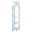 Espositore angolare in resine plastiche a 4 ripiani a forma di un quarto di cerchio più crowner superiore (36x36 cm) per inserimento banner pubblicitario. Dimensioni LxPxH 36x36x179 cm. Colore bianco.
