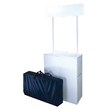 Banco espositore per demo e promozioni. Composto da tavolo con due ripiani e crowner. Dimensioni LxPxH 69x44x200 cm. Colore bianco. Borsa per il trasporto.