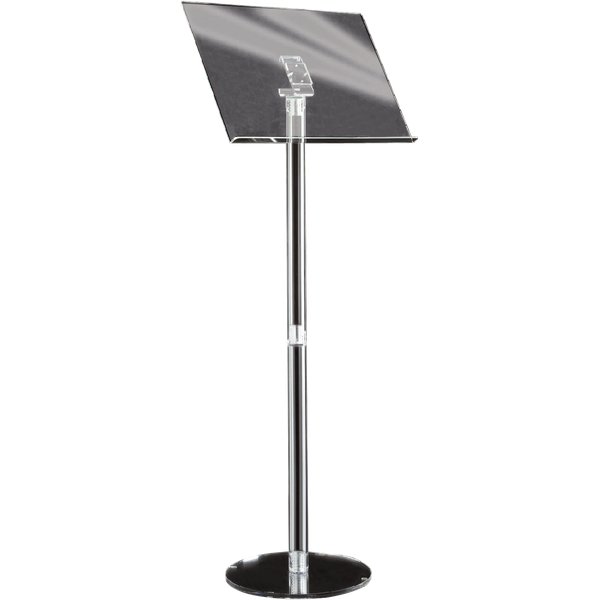 Leggio in acrilico su colonna con base circolare di diametro 36 cm. Altezza della colonna pari a 100 cm. Il leggio è composto da 5 parti da assemblare tramite avvitamento che consentono un ingombro ridotto e sicurezza nel trasporto. Colore trasparente.