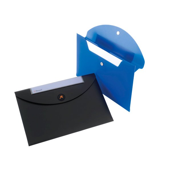 Busta con bottone dotata di etichetta di identificazione stampabile e utilizzabile fino a 16 volte. Colore blu. Formato A4. 