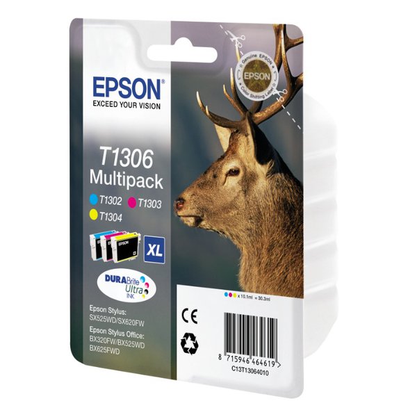 Originale Epson C13T13064010 Conf. 3 cartucce inkjet ink pigmentato blister RS Cervo-XL T1306 c+m+g