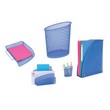 Set da scrivania tutto in uno in metallo traforato provvisto di 5 accessori necessari per avere sempre la scrivania in ordine. Composto da: <br/>- 1 portapenne di dimensioni LxPxH 12x7,3x10,3 cm<br/>- 1 cestino gettacarte di dimensioni LxPxH 36x24x39,5 cm<br/>- 1 portacorrispondenza di dimensioni LxPxH 28,5x34x8 cm<br/>- 1 portariviste di dimensioni LxPxH 9x26x33,5 cm<br/>- 1 sparticarte di dimensioni LxPxH 18x9,5x14,2 cm.<br/>Disponible in vari colori.