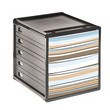 Cassettiere Spacebox a 5 cassetti chiusi, componibili orizzontalmente e verticalmente. Dotate di top portaoggetti incorporato, cassetti con blocco di sicurezza e foro sul lato inferiore per facilitare l'estrazione dei fogli. Formato utile cassetti LxPxH 24,2x32x5 cm. Dimensioni esterne LxPxH 33x28,3x32 cm. Fronte lucido a tema.