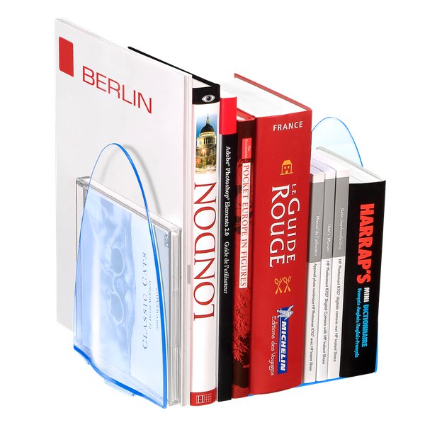Reggilibri elegante e robusto offre un supporto perfetto per tutti i documenti e fascicoli anche pesanti. La base a slitta permette di adattarsi ad ogni dimensione di contenuto (minimo 2 cm). Dimensioni LxPxH 12x14x17 cm. Realizzato in polistirene antiurto. Color cristallo con bordi profilati di blu.