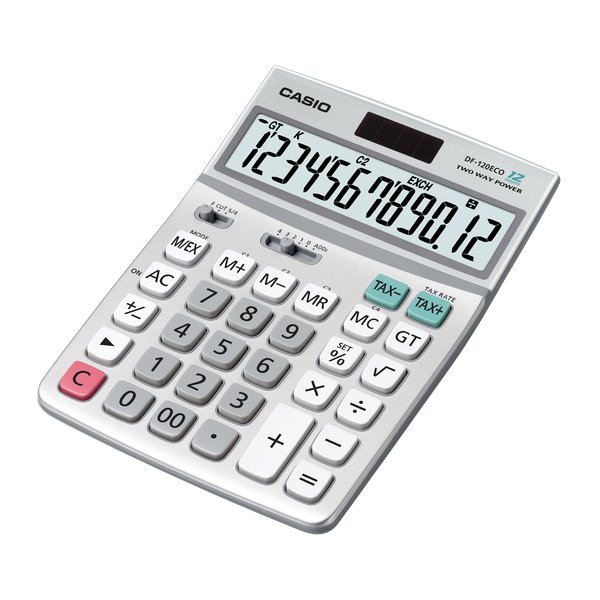 Calcolatrice da tavolo con corpo interamente in plastica riciclata e grande display a 12 cifre. Percentuale, calcolo della tassa, più/meno per cambio segno, selettore dei decimali (0,1,2,3,4,ADD2), correzione rapida, selettore F,CUT,5/4, radice quadrata, conversione valute. Alimentazione solare e a batteria. Dimensioni LxPxH: 122,5x174,5x35,7 mm.
