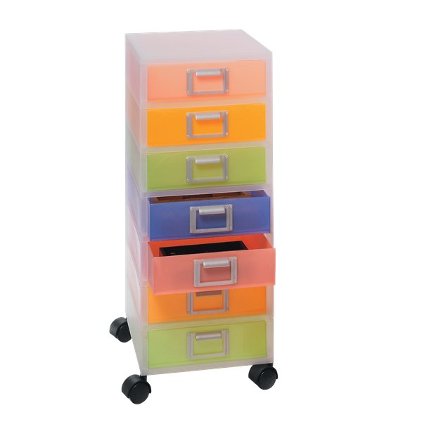 Cassettiera Jolly in PP colorato a 3 cassetti con box esterno semitrasparente. Dimensioni cassetto LxPxH 23x33x6 cm. Disponibile in 3 formati.