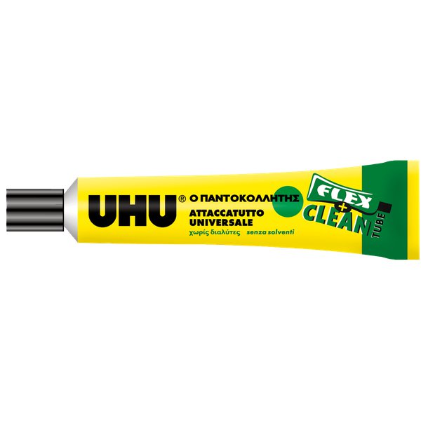 L'attaccatutto nel pratico tubetto in plastica e flessibile Flex+Clean. Forte e permanente. Inodore. Trasparente. Eliminabile con acqua. Disponibile nella variante con e senza solventi.