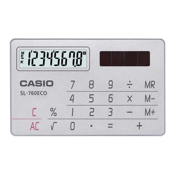 Calcolatrice tascabile a 8 cifre con corpo interamente in plastica riciclata, ampio display. Funzioni: radice quadrata, percentuale, memoria. Alimentazione solare. Dimensioni LxPxH: 86,5x54x2,9 mm.