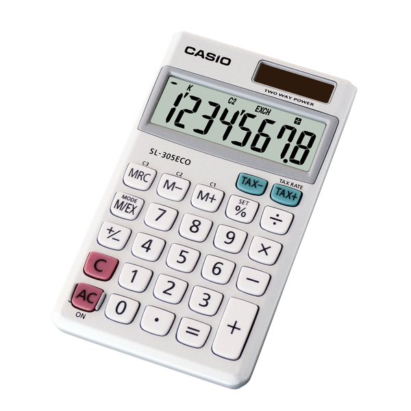 Calcolatrice tascabile a 8 cifre con corpo interamente in plastica riciclata, ampio display. Funzioni: conversioni valuta, calcolo della tassa, più/meno per cambio segno, percentuale, memoria. Alimentazione solare e a batteria. Dimensioni LxPxH: 70x118,5x8,5 mm.