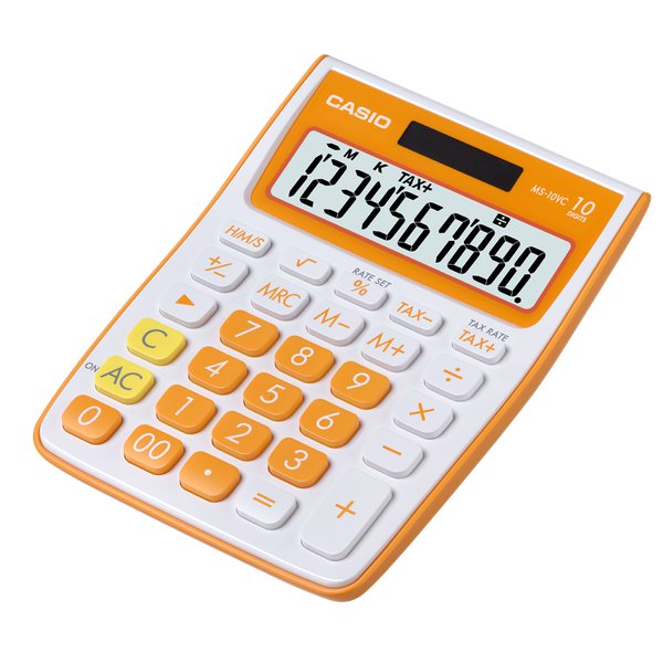 Grande display a 10 cifre, percentuale, calcolo della tassa, calcolo del tempo, tasto più/meno, radice quadrata.  Doppia alimentazione solare e batteria. Colore arancione. Dimensioni LxPxH: 105,5x144x26,2 mm.