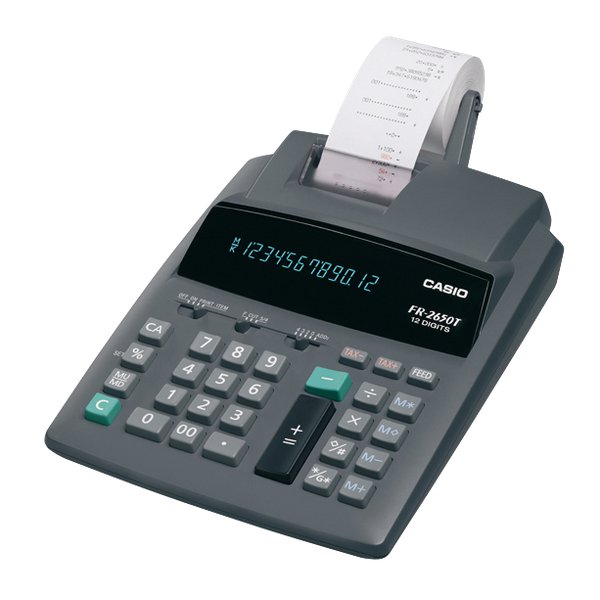 Calcolatrice stampante da ufficio a 12 cifre a due colori con display fluorescente. Larghezza carta di stampa 58 mm, stampa a due colori, velocità di stampa 2,4 righe al secondo, alimentazione da rete elettrica, calcolo percentuale. Memoria piena/costanti. Arrotondamento automatico F, CUT, 5/4. Calcolo con virgola mobile e fissa: 4, 3, 2, 0 + ADD2. Mark Up/Mark Down. Separatore di migliaia. Tasto + di grandi dimensioni. Tasto doppio zero. Calcolo delle imposte. Dimensioni LxPxH: 206x335x70 mm. Peso: 1100 g.<br/>
