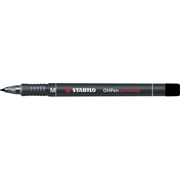 Penna ideale per lucidi e per quasi tutte le superfici lisce (cd-rom, DVD, plastica, vetro, metallo e ceramica). Impugnatura zigrinata, fondello e cappuccio ventilato con clip nel colore dell'inchiostro. Punta media, ampiezza di tratto 1 mm, inchiostro permanente di colore nero.