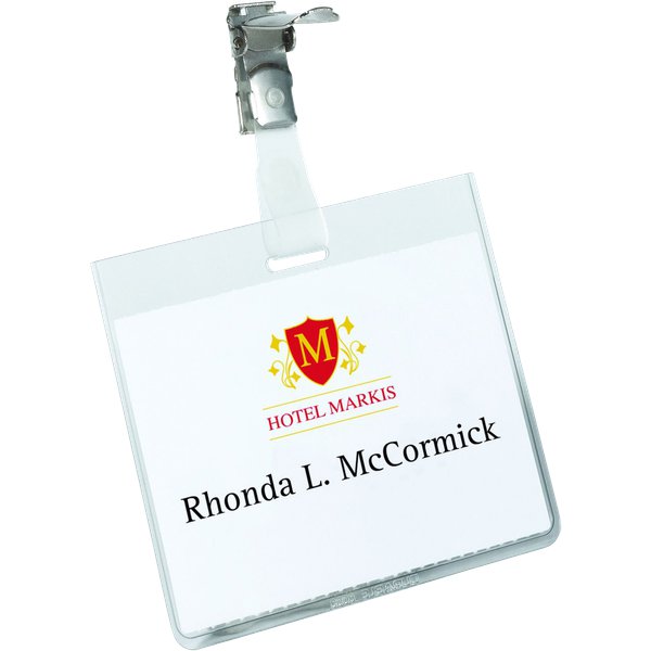 Portabadge in PVC trasparente dotato di clip in metallo e cartoncino bianco incluso. Per sfilare il cartoncino è necessario staccare la clip, questo impedisce la perdita accidentale dell'inserto. Formato HxL 6x9 cm.
