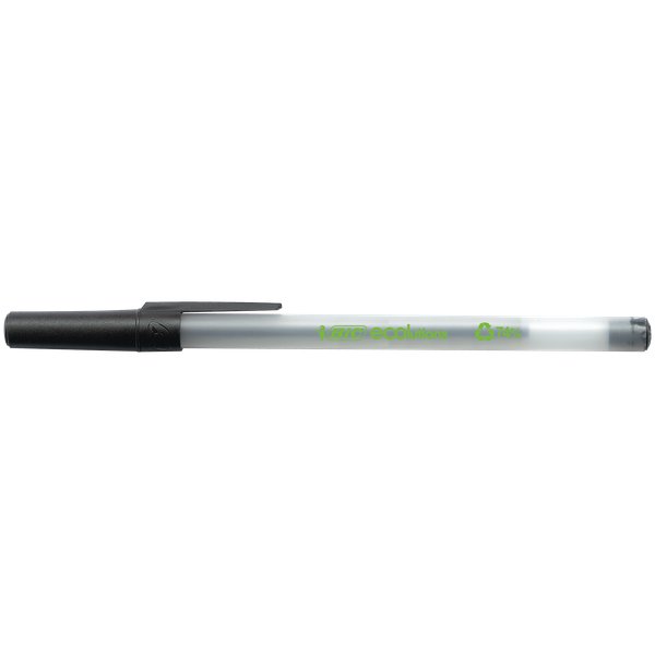 Bic Ecolution Round Stic. Penna a sfera fatta con il 74% di materiale reciclato. Fusto bianco traslucido, con cappuccio e tappino dello stesso colore dell'inchiostro. Punta da 1 mm per un tratto medio.