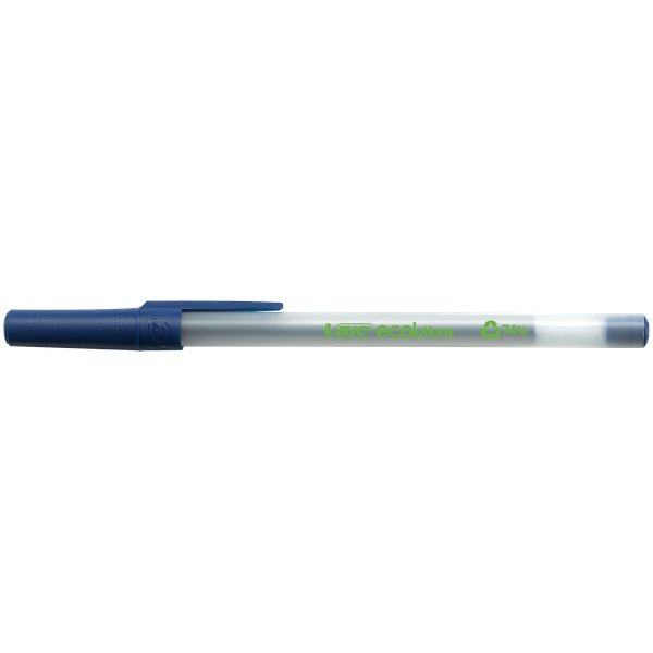 Bic Ecolution Round Stic. Penna a sfera fatta con il 74% di materiale reciclato. Fusto bianco traslucido, con cappuccio e tappino dello stesso colore dell'inchiostro. Punta da 1 mm per un tratto medio.