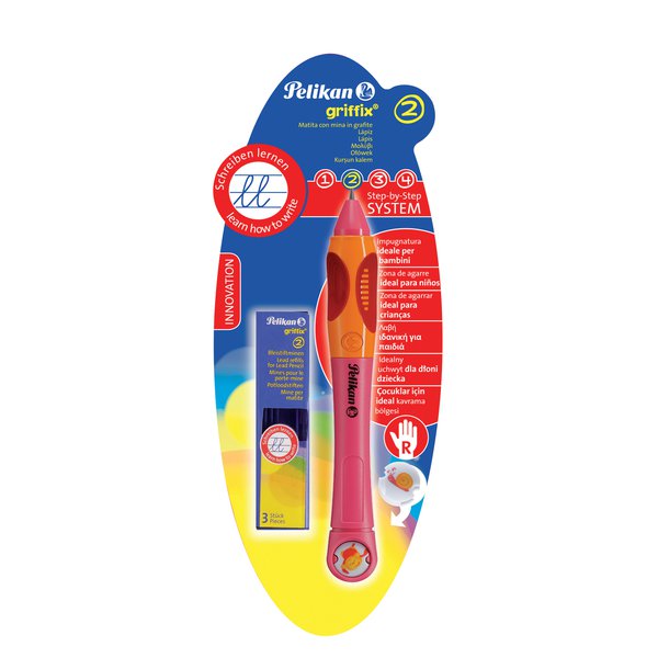 Matita con mina in grafite - GRIFFIX è l'innovativa serie di strumenti di scrittura studiata per accompagnare la crescita del bambino nell'imparare a scrivere. La speciale impugnatura ergonomica è disponibile nella versione per destri e mancini. Il simbolo della faccina che ride è il metodo intuitivo per segnalare come impugnare correttamente la penna. <br/>Matita con mina in grafite. La speciale impugnatura ergonomica è disponibile nella versione per destri e mancini. La mina è molto robusta e la gradazione HB è ideale per la scirttura. La confezione è composta da 1 matita per destri, fusto blu  +3 mine di grafite + 1 chip.