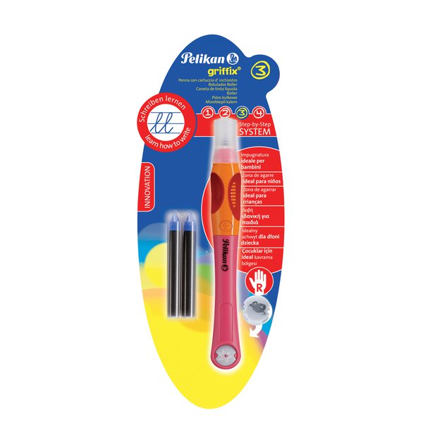 Penna a cartuccia d'inchiostro per destri - GRIFFIX è l'innovativa serie di strumenti di scrittura studiata per accompagnare la crescita del bambino nell'imparare a scrivere. La speciale impugnatura ergonomica è disponibile nella versione per destri e mancini. Il simbolo della faccina che ride è il metodo intuitivo per segnalare come impugnare correttamente la penna. <br/>Penna Roller con cartuccia d'inchiostro con punta incorporata. Ogni cartuccia ha una punta in feltro incorporata, perfetta per i bambini perchè molto piu' resistente alla pressione. L'inchiostro blu è cancellabile e riscrivibile con il cancellatore Pelikan Super Pirat. Il simbolo della faccina che ride è il metodo intuitivo per segnalare come impugnare correttamente la penna. Disponibile per destri e mancini. La confezione è composta da 1 penna per destri fusto blu +2 cartucce d'inchiostro + 1 chip. 