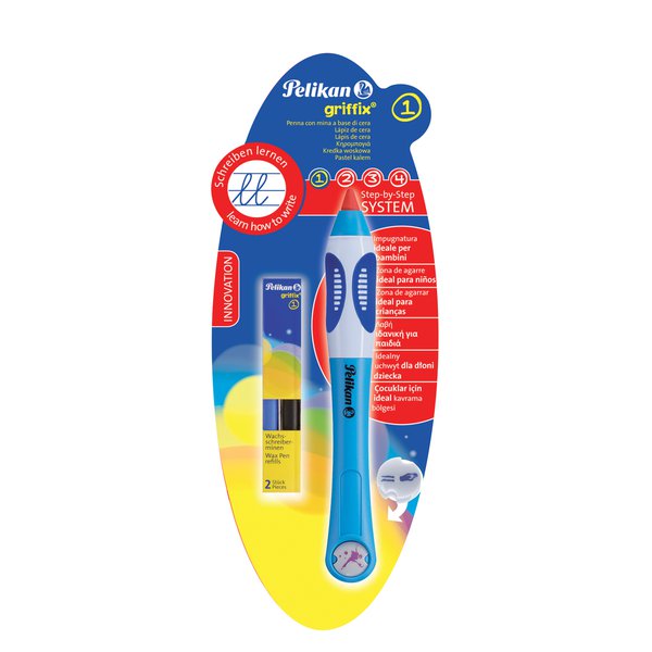 Penna con mina in cera - GRIFFIX è l'innovativa serie di strumenti di scrittura studiata per accompagnare la crescita del bambino nell'imparare a scrivere. La speciale impugnatura ergonomica è disponibile nella versione per destri e mancini. Il simbolo della faccina che ride è il metodo intuitivo per segnalare come impugnare correttamente la penna. <br/>Penna con mina a cera. La mina in cera è molto morbida ed è ideale per favorire il passaggio dal disegno alla scrittura. L'impugnatura innovativa consente un facile controllo della pressione e permette di cominciare ad assumere una posizione delle mani corretta, lasciando la libertà di usare la penna sia con la mano destra che con quella sinistra. La confezione è composta da 1 penna fusto blu ,con mina rossa + 2 mine in cera (nero-blu) + 1 chip.