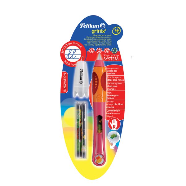 Stilografica a cartuccia d'inchiostro per destri - GRIFFIX è l'innovativa serie di strumenti di scrittura studiata per accompagnare la crescita del bambino nell'imparare a scrivere. La speciale impugnatura ergonomica è disponibile nella versione per destri e mancini. Il simbolo della faccina che ride è il metodo intuitivo per segnalare come impugnare correttamente la penna. <br/>Stilografica di grande qualità è molto semplice da usare. Pennino in acciaio, punta iridio, parte superiore coperta per evitare che i bambini si sporchino le mani mentre scrivono ed evita che il pennino si rompa o si deformi. Sul fusto c'è una finestrella che permette di vedere le divertenti cartucce e controllare la quantità di inchiostro rimasto. L'inchiostro blu è cancellabile e riscrivibile con il cancellatore Pelikan Super Pirat. La nuova stilografica GRIFFIX è disponibile per destri e mancini. La confezione è composta da 1 stilografica per destri fusto rosa + 2 cartucce giganti di inchiostro + 1 chip.