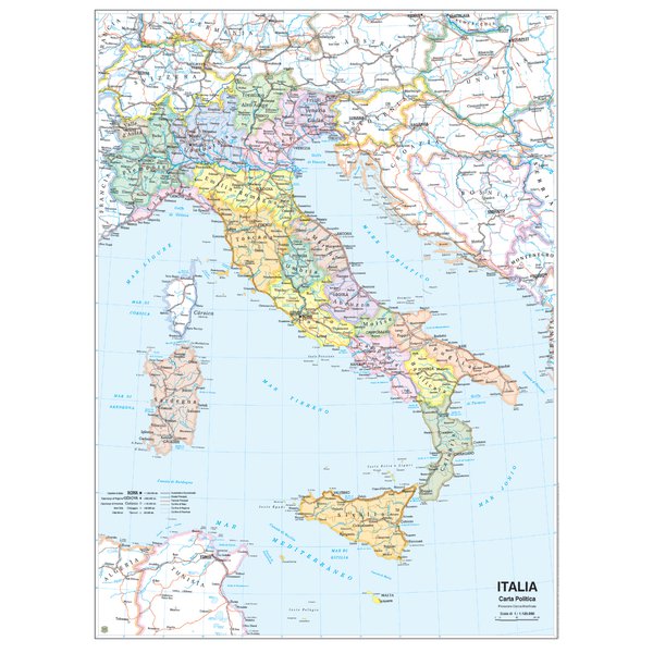 Carta geografica murale scolastica, stampata su due lati, plastificata antiriflesso con aste di sostegno in plastica. Rappresenta l’Italia alla scala 1:1.125.000 con la suddivisione amministrativa di Regioni e Province su un lato e carta fisica sull’altro lato.
