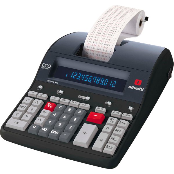Calcolatrice con display LCD 12 cifre, stampante a impatto a 2 colori, velocità di stampa 3,5 linee/secondo. Delta percentuale, calcolo prezzo di vendita, costo e margine, secondo registro di calcolo e logica GT, conversione valuta, alimentazione rete elettrica integrata.  Dimensioni LxPxH: 210x315x80 mm.