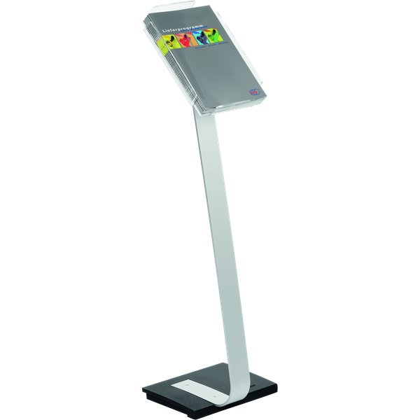 Espositore da pavimento con stelo in alluminio dotato di vaschetta A4 porta-brochure, cataloghi e quant’altro. Grazie al meccanismo posto sul retro la vaschetta può essere posizionata in modo verticale od orizzontale per l’esposizione del materiale informativo nel formato desiderato. Dotato di base in ghisa che ne assicura la massima stabilità. Altezza di circa 1,05 m. Colore argento.
