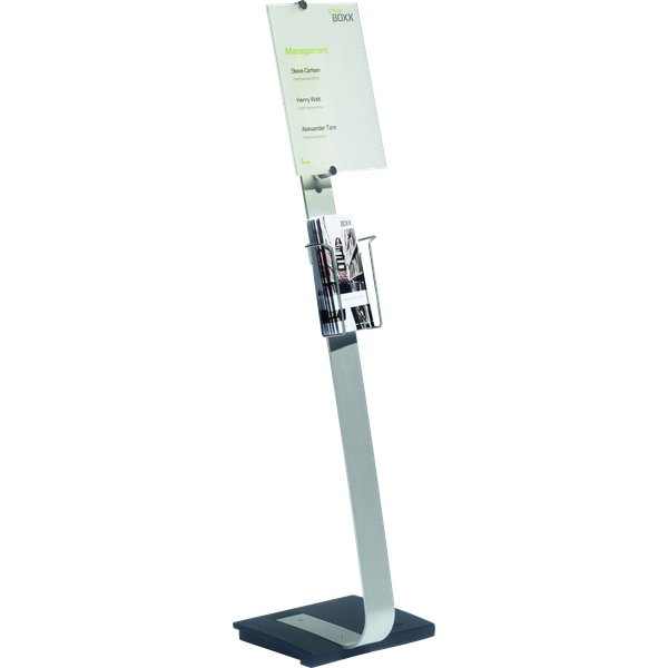 Porta-avvisi, cataloghi e volantini formato A4 e 1/3 di A4. Accessorio per Crystal Sign Stand, Info Sign Stand e Display Stand. Permette di aggiungere un porta-depliant, nei due formati indicati, agli espositori da pavimento Durable rendondoli ancor di più versatili ed esclusivi. Realizzato in metallo rivestito, la chiusura perfetta è assicurata da due potenti viti poste sul retro della struttura. Colore argento.