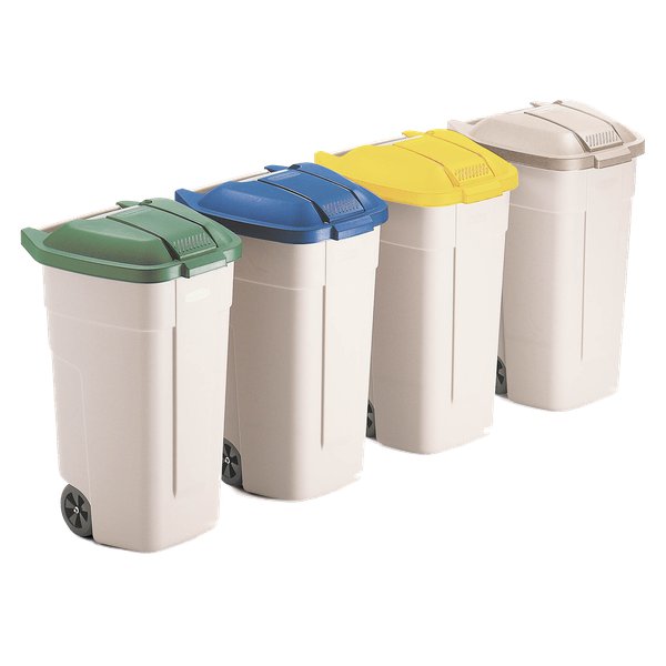 Contenitori portarifiuti estremamente capienti (100 litri o 75 kg), con ruote incorporate nella struttura (per la riduzione degli spazi di ingombro), impugnatura ergonomica, coperchio a cardine salvaspazio per un facile svuotamento. Ideale per raccolta differenziata; i coperchi colorati permettono di differenziare anche visivamente la tipologia di rifiuto. Struttura in polipropilene. Il contenitore viene fornito senza coperchio.