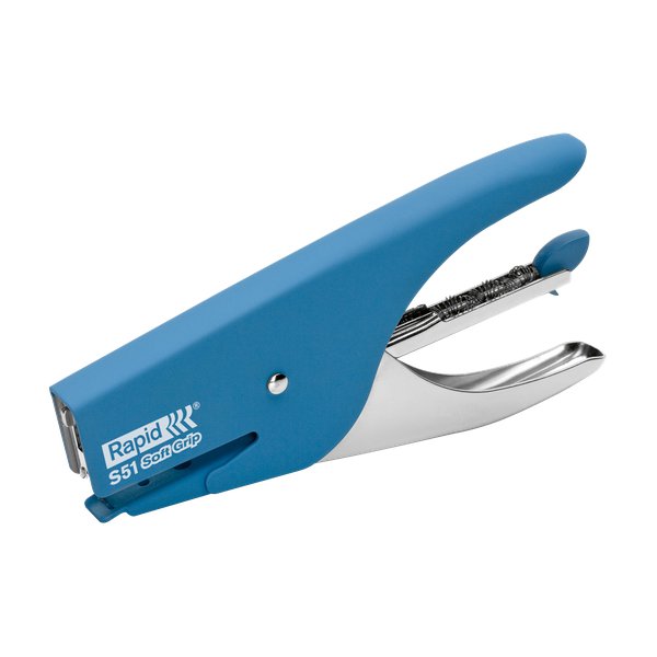 Rapid S51 Soft Grip è la cucitrice S51 in una finitura speciale gommata con colori sgargianti che non solo personalizza la scrivania, ma garantisce una migliore impugnatura e da una piacevole sensazione “seta” al tatto.  
- Capacità di carica 200 punti
- Cuce a punto chiuso.