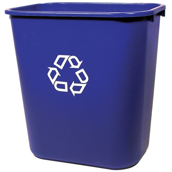 Cestino da scrivania per rifiuti e raccolta differenziata, in polietilene ad alta resistenza. Base rettangolare, disponibile in versione da 27 litri (colore blu con logo "riciclo" stampato sul lato). Il cestino può essere completato con le vaschette agganciabili per differenziare il rifiuto raccolto. 
