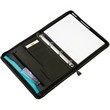 Portablocco conferenza dal design semplice ma elegante realizzato in similpelle. All’interno è provvisto di alcune tasche per riporre documenti, biglietti da visita, carte di credito, CD. Dotato di un meccanismo a 4 anelli per l’inserimento di buste a perforazione universale o documenti perforati. Contiene un blocco a righe formato A4. Colore nero.